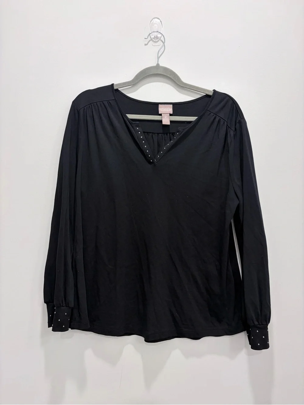 Chico’s Black Studded Split Neck Top Sz 2/L